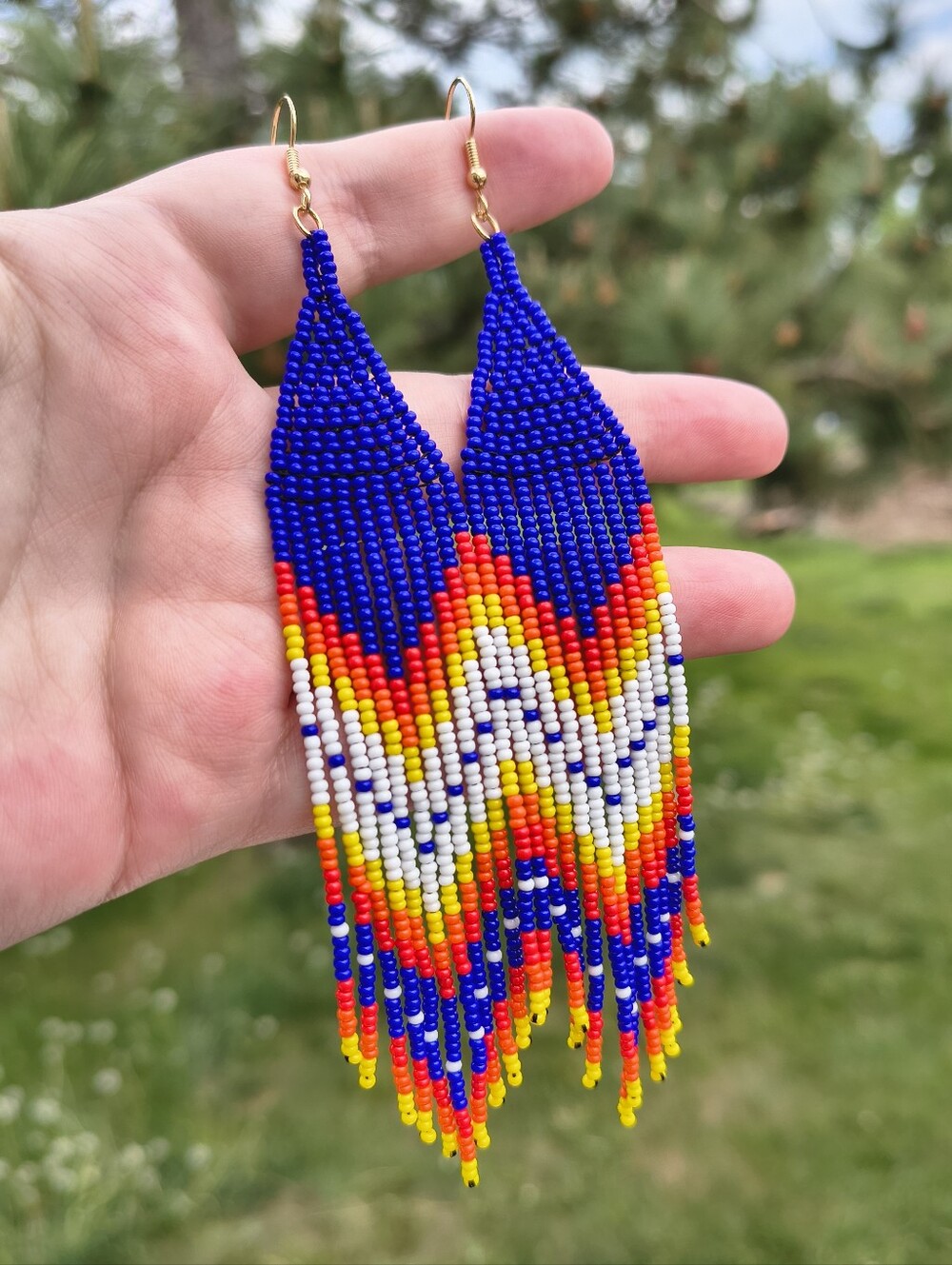 Native American Handmade Beaded Fringe Earrings Royal Blue Fire Colors